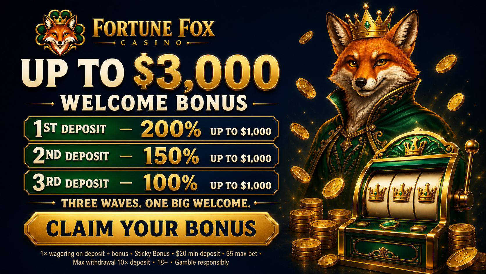 Fortune Fox up to $3,000 three-deposit welcome bonus